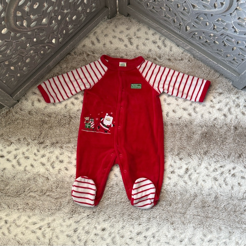 Little Me red velvet footie pajamas baby 3 months Santa candy can Christmas